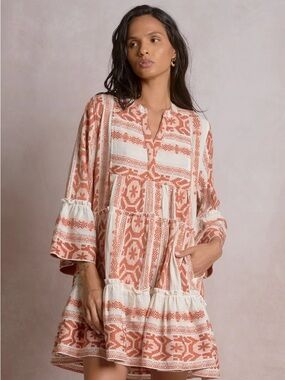 NWT Elan Boho Printed Tiered Mini Dress | Cayanne Cream Summer Dress
